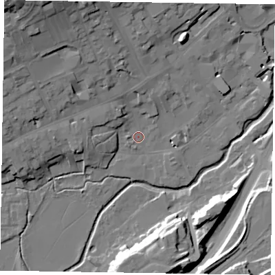 Shaded relief map of the ground around GU97PB, computed from Environment Agency LiDAR. The ground here sits at about 65 m above sea level and falls 27 m across the surrounding 800 m. Surface water reaching this point runs off ground lying to the north-west, 24.5 m higher.