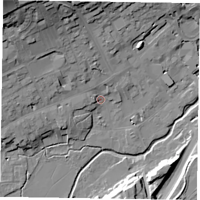 Shaded relief map of the ground around GU97PD, computed from Environment Agency LiDAR. The ground here sits at about 66 m above sea level and falls 36 m across the surrounding 800 m. Surface water reaching this point runs off ground lying to the north-west, 31.5 m higher.