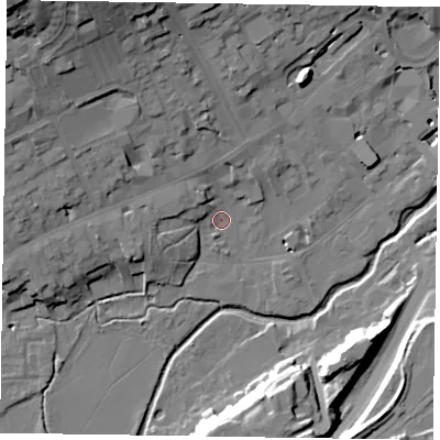 Shaded relief map of the ground around GU97PG, computed from Environment Agency LiDAR. The ground here sits at about 65 m above sea level and falls 32 m across the surrounding 800 m. Surface water reaching this point runs off ground lying to the north-west, 27.3 m higher.