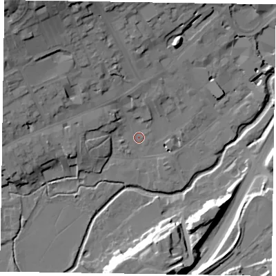 Shaded relief map of the ground around GU97PH, computed from Environment Agency LiDAR. The ground here sits at about 65 m above sea level and falls 27 m across the surrounding 800 m. Surface water reaching this point runs off ground lying to the north-west, 25.1 m higher.