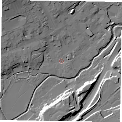 Shaded relief map of the ground around GU97PN, computed from Environment Agency LiDAR. The ground here sits at about 64 m above sea level and falls 22 m across the surrounding 800 m. Surface water reaching this point runs off ground lying to the north-west, 19.6 m higher.