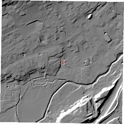 Shaded relief map of the ground around GU97PP, computed from Environment Agency LiDAR. The ground here sits at about 65 m above sea level and falls 28 m across the surrounding 800 m. Surface water reaching this point runs off ground lying to the west-north-west, 5.7 m higher.