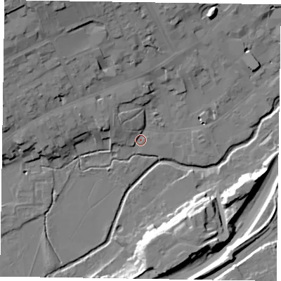 Shaded relief map of the ground around GU97PR, computed from Environment Agency LiDAR. The ground here sits at about 65 m above sea level and falls 20 m across the surrounding 800 m. Surface water reaching this point runs off ground lying to the north-west, 5.9 m higher.
