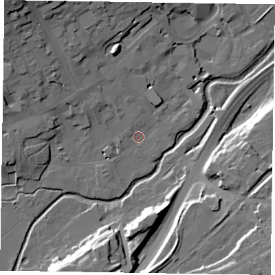 Shaded relief map of the ground around GU97PT, computed from Environment Agency LiDAR. The ground here sits at about 64 m above sea level and falls 23 m across the surrounding 800 m. Surface water reaching this point runs off ground lying to the north-north-west, 3.4 m higher.