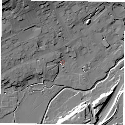 Shaded relief map of the ground around GU97PW, computed from Environment Agency LiDAR. The ground here sits at about 65 m above sea level and falls 32 m across the surrounding 800 m. Surface water reaching this point runs off ground lying to the west-north-west, 5.0 m higher.