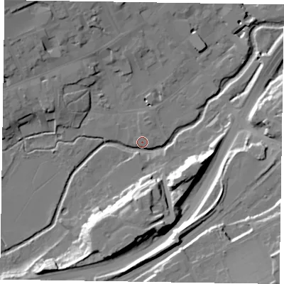 Shaded relief map of the ground around GU97PZ, computed from Environment Agency LiDAR. The ground here sits at about 65 m above sea level and falls 27 m across the surrounding 800 m. Surface water reaching this point runs off ground lying to the south, 21.1 m higher.