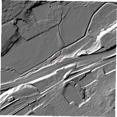 Shaded relief map of the ground around GU97QL, computed from Environment Agency LiDAR. The ground here sits at about 66 m above sea level and falls 30 m across the surrounding 800 m. Surface water reaching this point runs off ground lying to the east, 7.2 m higher.