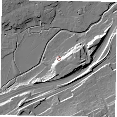 Shaded relief map of the ground around GU97QN, computed from Environment Agency LiDAR. The ground here sits at about 68 m above sea level and falls 29 m across the surrounding 800 m. Surface water reaching this point runs off ground lying to the south-south-east, 14.6 m higher.