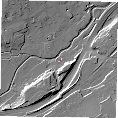 Shaded relief map of the ground around GU97QP, computed from Environment Agency LiDAR. The ground here sits at about 65 m above sea level and falls 29 m across the surrounding 800 m. Surface water reaching this point runs off ground lying to the south-east, 26.9 m higher.