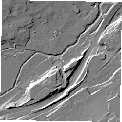 Shaded relief map of the ground around GU97QR, computed from Environment Agency LiDAR. The ground here sits at about 65 m above sea level and falls 30 m across the surrounding 800 m. Surface water reaching this point runs off ground lying to the south, 16.0 m higher.