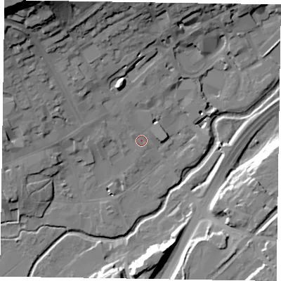 Shaded relief map of the ground around GU97QU, computed from Environment Agency LiDAR. The ground here sits at about 66 m above sea level and falls 40 m across the surrounding 800 m. Surface water reaching this point runs off ground lying to the north-west, 27.5 m higher.