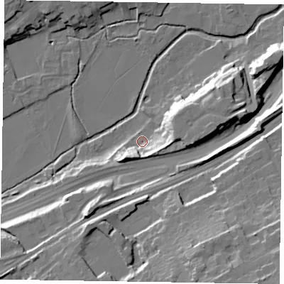 Shaded relief map of the ground around GU97QW, computed from Environment Agency LiDAR. The ground here sits at about 66 m above sea level and falls 32 m across the surrounding 800 m. Surface water reaching this point runs off ground lying to the south-west, 12.1 m higher.