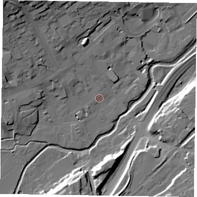 Shaded relief map of the ground around GU97RB, computed from Environment Agency LiDAR. The ground here sits at about 65 m above sea level and falls 26 m across the surrounding 800 m. Surface water reaching this point runs off ground lying to the north, 1.5 m higher.