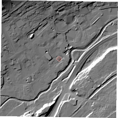 Shaded relief map of the ground around GU97RF, computed from Environment Agency LiDAR. The ground here sits at about 64 m above sea level and falls 32 m across the surrounding 800 m. Surface water reaching this point runs off ground lying to the north-west, 29.1 m higher.