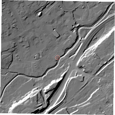 Shaded relief map of the ground around GU97RH, computed from Environment Agency LiDAR. The ground here sits at about 65 m above sea level and falls 25 m across the surrounding 800 m. Surface water reaching this point runs off ground lying to the east-south-east, 2.7 m higher.