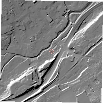 Shaded relief map of the ground around GU97RT, computed from Environment Agency LiDAR. The ground here sits at about 65 m above sea level and falls 30 m across the surrounding 800 m. Surface water reaching this point runs off ground lying to the east, 3.8 m higher.