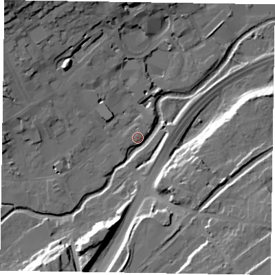 Shaded relief map of the ground around GU97RU, computed from Environment Agency LiDAR. The ground here sits at about 65 m above sea level and falls 24 m across the surrounding 800 m. Surface water reaching this point runs off ground lying to the south-east, 22.4 m higher.