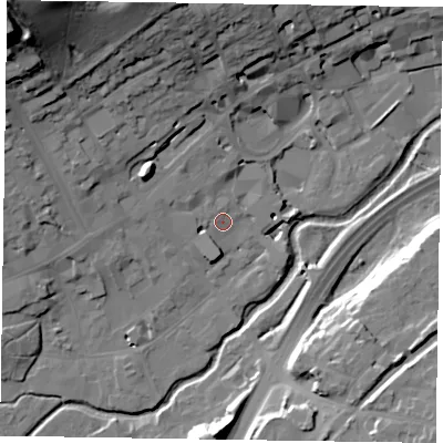 Shaded relief map of the ground around GU97SF, computed from Environment Agency LiDAR. The ground here sits at about 65 m above sea level and falls 44 m across the surrounding 800 m. Surface water reaching this point runs off ground lying to the north-west, 41.3 m higher.