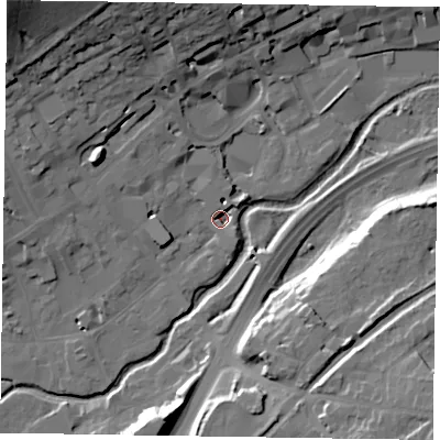 Shaded relief map of the ground around GU97SG, computed from Environment Agency LiDAR. The ground here sits at about 61 m above sea level and falls 33 m across the surrounding 800 m. Surface water reaching this point runs off ground lying to the north-west, 32.9 m higher.