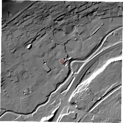 Shaded relief map of the ground around GU97SL, computed from Environment Agency LiDAR. The ground here sits at about 65 m above sea level and falls 38 m across the surrounding 800 m. Surface water reaching this point runs off ground lying to the north-west, 37.7 m higher.