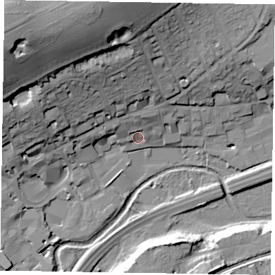 Shaded relief map of the ground around GU97SX, computed from Environment Agency LiDAR. The ground here sits at about 65 m above sea level and falls 45 m across the surrounding 800 m. Surface water reaching this point runs off ground lying to the north-north-west, 15.5 m higher.