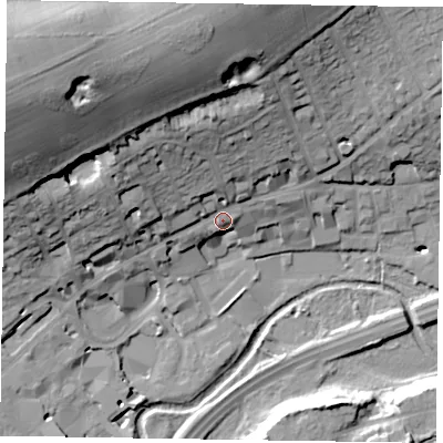 Shaded relief map of the ground around GU97TH, computed from Environment Agency LiDAR. The ground here sits at about 70 m above sea level and falls 47 m across the surrounding 800 m. Surface water reaching this point runs off ground lying to the north-north-west, 29.8 m higher.