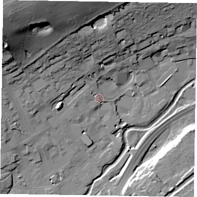 Shaded relief map of the ground around GU97UD, computed from Environment Agency LiDAR. The ground here sits at about 67 m above sea level and falls 47 m across the surrounding 800 m. Surface water reaching this point runs off ground lying to the north-north-west, 2.5 m higher.