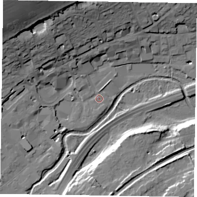 Shaded relief map of the ground around GU97UE, computed from Environment Agency LiDAR. The ground here sits at about 64 m above sea level and falls 46 m across the surrounding 800 m. Surface water reaching this point runs off ground lying to the north-west, 42.2 m higher.