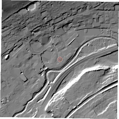 Shaded relief map of the ground around GU97UF, computed from Environment Agency LiDAR. The ground here sits at about 64 m above sea level and falls 39 m across the surrounding 800 m. Surface water reaching this point runs off ground lying to the south-west, 4.1 m higher.