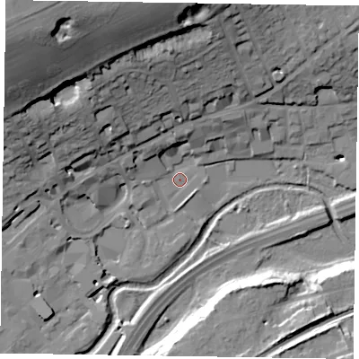 Shaded relief map of the ground around GU97UG, computed from Environment Agency LiDAR. The ground here sits at about 64 m above sea level and falls 47 m across the surrounding 800 m. Surface water reaching this point runs off ground lying to the north-west, 33.7 m higher.