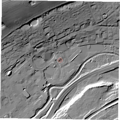 Shaded relief map of the ground around GU97UP, computed from Environment Agency LiDAR. The ground here sits at about 65 m above sea level and falls 46 m across the surrounding 800 m. Surface water reaching this point runs off ground lying to the north-west, 44.5 m higher.