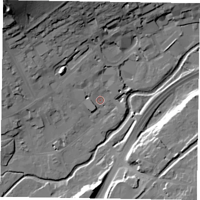 Shaded relief map of the ground around GU97WD, computed from Environment Agency LiDAR. The ground here sits at about 64 m above sea level and falls 39 m across the surrounding 800 m. Surface water reaching this point runs off ground lying to the north-west, 36.4 m higher.