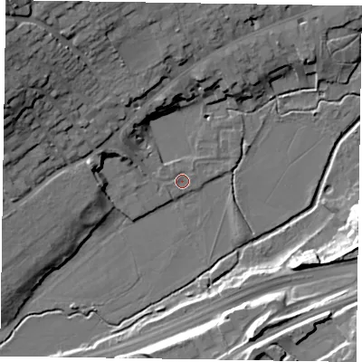 Shaded relief map of the ground around GU97XP, computed from Environment Agency LiDAR. The ground here sits at about 65 m above sea level and falls 25 m across the surrounding 800 m. Surface water reaching this point runs off ground lying to the north-west, 20.8 m higher.