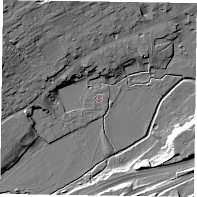 Shaded relief map of the ground around GU97XQ, computed from Environment Agency LiDAR. The ground here sits at about 65 m above sea level and falls 21 m across the surrounding 800 m. Surface water reaching this point runs off ground lying to the south-west, 1.0 m higher.