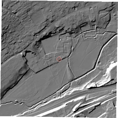 Shaded relief map of the ground around GU97XR, computed from Environment Agency LiDAR. The ground here sits at about 65 m above sea level and falls 23 m across the surrounding 800 m. Surface water reaching this point runs off ground lying to the west-north-west, 18.5 m higher.
