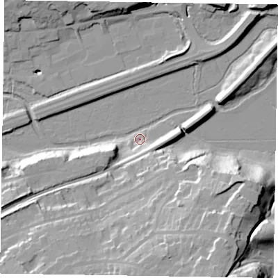 Shaded relief map of the ground around GU98AP, computed from Environment Agency LiDAR. The ground here sits at about 63 m above sea level and falls 36 m across the surrounding 800 m. Surface water reaching this point runs off ground lying to the west-south-west, 19.6 m higher.
