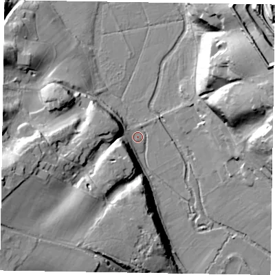 Shaded relief map of the ground around GU98EN, computed from Environment Agency LiDAR. The ground here sits at about 60 m above sea level and falls 38 m across the surrounding 800 m. Surface water reaching this point runs off ground lying to the west-south-west, 37.3 m higher.