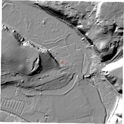 Shaded relief map of the ground around GU98EP, computed from Environment Agency LiDAR. The ground here sits at about 60 m above sea level and falls 54 m across the surrounding 800 m. Surface water reaching this point runs off ground lying to the west, 7.6 m higher.