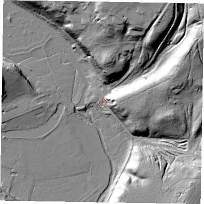 Shaded relief map of the ground around GU98ES, computed from Environment Agency LiDAR. The ground here sits at about 61 m above sea level and falls 60 m across the surrounding 800 m. Surface water reaching this point runs off ground lying to the north-east, 55.7 m higher.