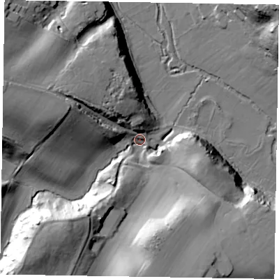 Shaded relief map of the ground around GU98ET, computed from Environment Agency LiDAR. The ground here sits at about 64 m above sea level and falls 37 m across the surrounding 800 m. Surface water reaching this point runs off ground lying to the south-west, 29.5 m higher.