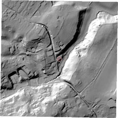 Shaded relief map of the ground around GU98HS, computed from Environment Agency LiDAR. The ground here sits at about 72 m above sea level and falls 45 m across the surrounding 800 m. Surface water reaching this point runs off ground lying to the north-west, 34.1 m higher.