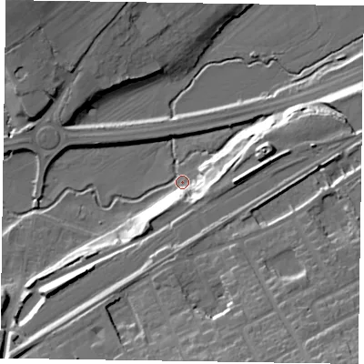 Shaded relief map of the ground around GU98UE, computed from Environment Agency LiDAR. The ground here sits at about 68 m above sea level and falls 30 m across the surrounding 800 m. Surface water reaching this point runs off ground lying to the east-south-east, 14.3 m higher.