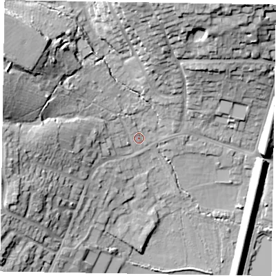 Shaded relief map of the ground around GU99EZ, computed from Environment Agency LiDAR. The ground here sits at about 80 m above sea level and falls 28 m across the surrounding 800 m. Surface water reaching this point runs off ground lying to the west-north-west, 18.5 m higher.