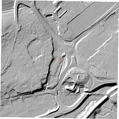 Shaded relief map of the ground around GU99FN, computed from Environment Agency LiDAR. The ground here sits at about 69 m above sea level and falls 24 m across the surrounding 800 m. Surface water reaching this point runs off ground lying to the north-west, 14.1 m higher.