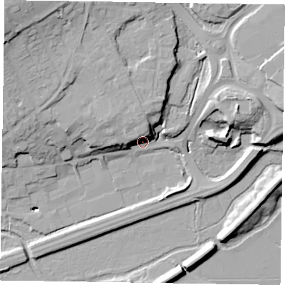 Shaded relief map of the ground around GU99FQ, computed from Environment Agency LiDAR. The ground here sits at about 66 m above sea level and falls 30 m across the surrounding 800 m. Surface water reaching this point runs off ground lying to the north, 11.8 m higher.