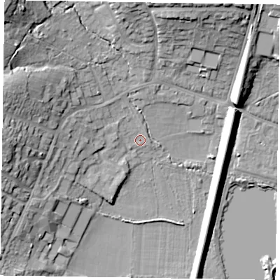 Shaded relief map of the ground around GU99HB, computed from Environment Agency LiDAR. The ground here sits at about 77 m above sea level and falls 23 m across the surrounding 800 m. Surface water reaching this point runs off ground lying to the north-west, 19.3 m higher.