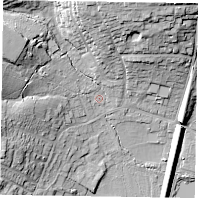 Shaded relief map of the ground around GU99HS, computed from Environment Agency LiDAR. The ground here sits at about 81 m above sea level and falls 29 m across the surrounding 800 m. Surface water reaching this point runs off ground lying to the west-north-west, 17.9 m higher.
