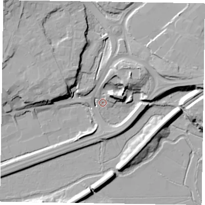 Shaded relief map of the ground around GU99JA, computed from Environment Agency LiDAR. The ground here sits at about 63 m above sea level and falls 23 m across the surrounding 800 m. Surface water reaching this point runs off ground lying to the north-east, 14.0 m higher.