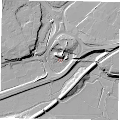 Shaded relief map of the ground around GU99JB, computed from Environment Agency LiDAR. The ground here sits at about 63 m above sea level and falls 21 m across the surrounding 800 m. Surface water reaching this point runs off ground lying to the east-north-east, 17.4 m higher.