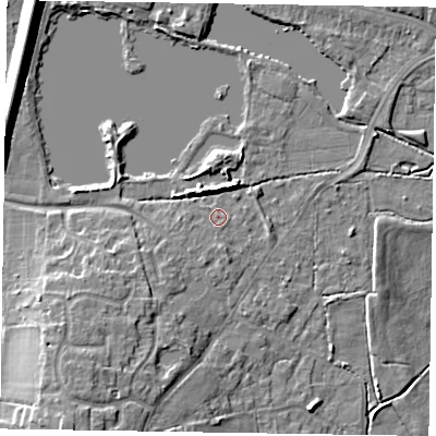 Shaded relief map of the ground around GU99LH, computed from Environment Agency LiDAR. The ground here sits at about 74 m above sea level and falls 12 m across the surrounding 800 m. Surface water reaching this point runs off ground lying to the south-west, 3.5 m higher.